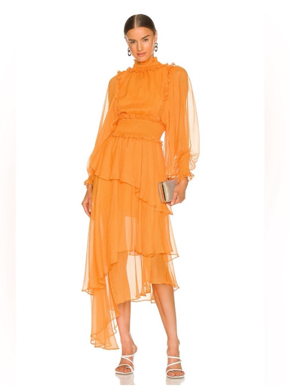 Elliott Paradiso Dress in Mango Small Asymmetrical Ruffle Sheer Bubble Sleeve
